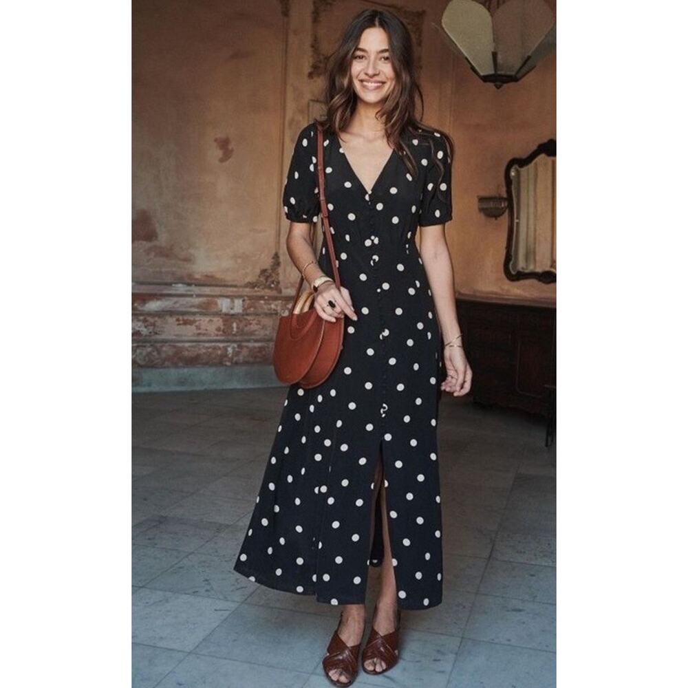NWT Sezane Silk Polka Dot Midi Dress Black Button Front Lined Size US 2 - Picture 3 of 9